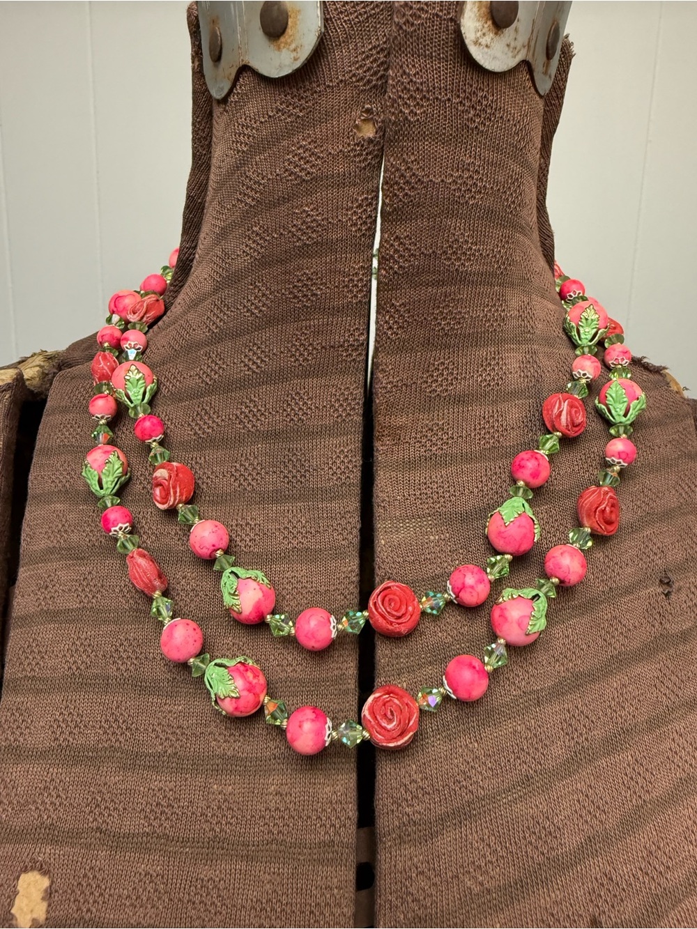 Vintage 1950s Rolled Rose Beads Crystal Double Strand Necklace Fruit Salad Style